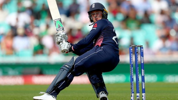 Wonky one: Jason Roy of England plays the shot that sees him dismissed.