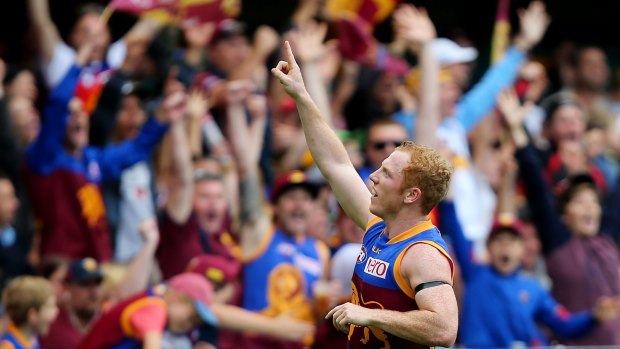 Josh Green celebrates a goal during the Lions win over the Western Bulldogs.