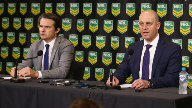 Costly affair: NRL integrity boss Nick Weeks and chief executive Todd Greenberg announce the findings against Parramatta after the salary cap investigation in May 2016.