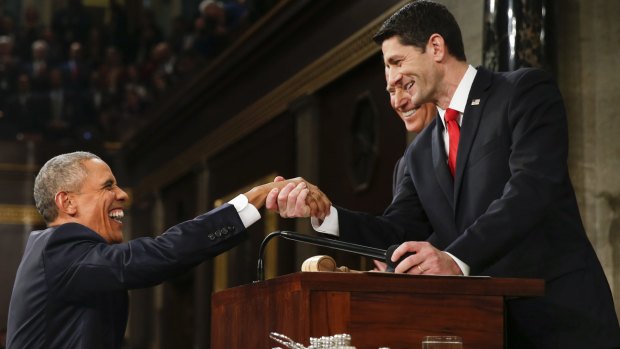 President Barack Obama shakes hands with House Speaker Paul Ryan.