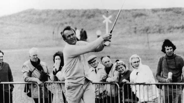 1970: Arnold Palmer drives from the 18th on the Muirfield course during a practice round prior to the British Open.