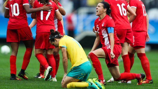 Hard to take: Canada celebrate their second goal.