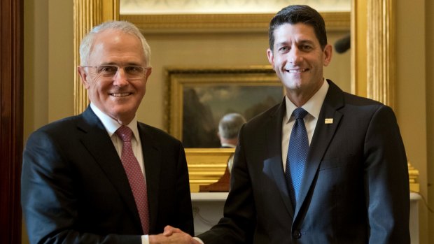 Prime Minister Malcolm Turnbull meets House Speaker Paul Ryan at his office on Capitol Hill in Washington.