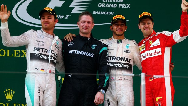 Angry: Nico Rosberg, left, has hit out at  Lewis Hamilton, second right.