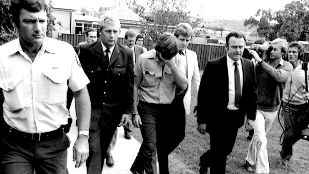 Police escorting Boyd to Campbelltown Police station in April, 1983.
