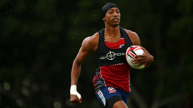 USA men's sevens player Perry Baker trains at Leichhardt Oval ahead of the 2018 Sydney Sevens. 