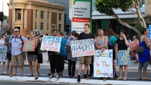 Protesters outside the Lady Cilento Children's Hospital. 