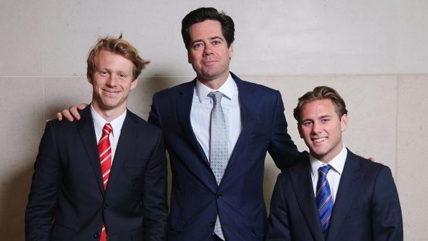 Head-to-head: Callum Mills, AFL chief Gillon McLachlan and Caleb Daniel at the Rising Star award ceremony earlier this month.