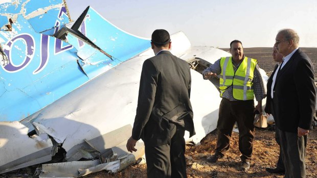 Egypt Prime Minister Sherif Ismail at the the crash site. 224 people died when the Russian charter flight crashed 25 minutes after taking off from resort town Sharm el Sheikh.