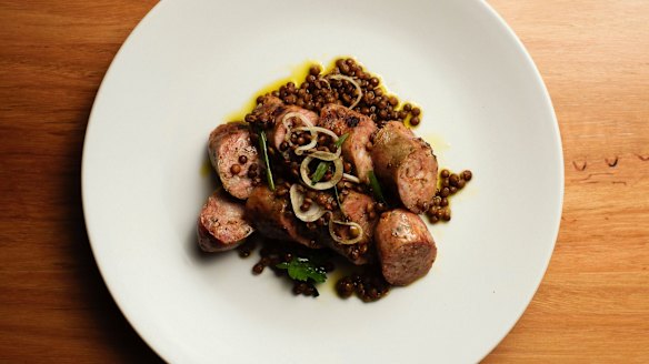 Berkshire pork, fennel and rosemary sausage with lentil salad.