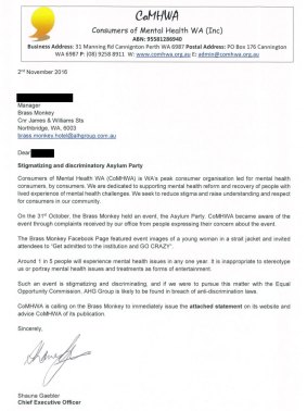 The letter of complaint sent to Brass Monkey Hotel in November.