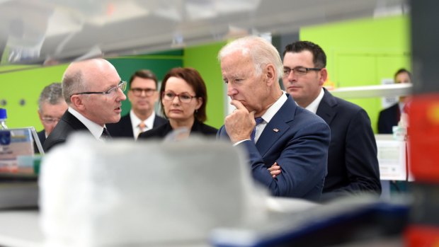 US Vice-President Joe Biden tours the new centre with Victorian Premier Daniel Andrews.
