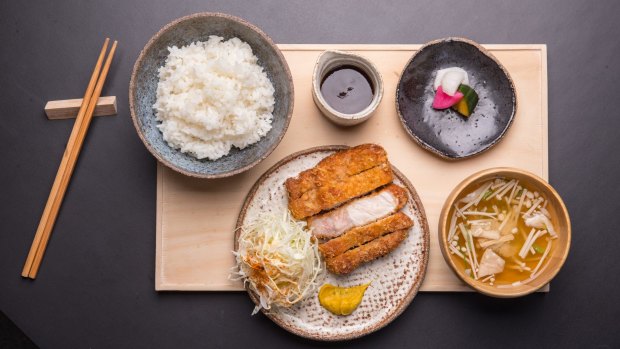 Pork tonkatsu lunch set, with hot mustard, rice, miso and vibrant house pickles.