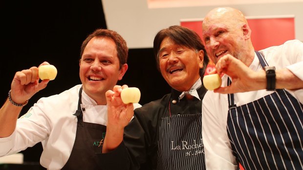 World-famous Iron Chef Hiroyuki Sakai of Japan and Queensland chefs (left) Alastair McLeod and (right) Matt Golinski at the Advance Queensland summit.