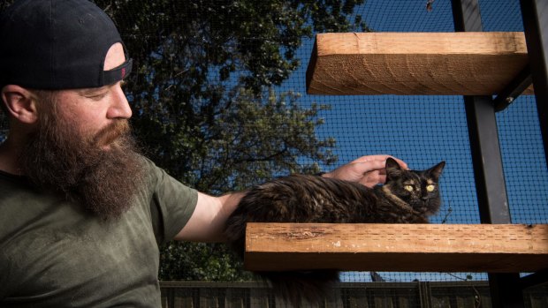 Matt Black of Parramatta, pictured here with Isis, keeps his cats in a purpose built cat enclosure in his backyard.