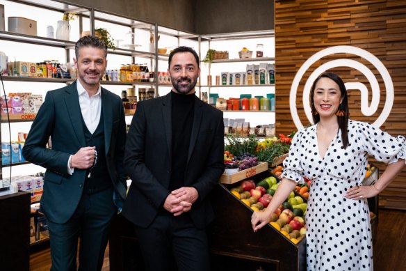 Judge Jock Zonfrillo, Bond villain Andy Allen and judge Melissa Leong line up to taste fast and fancy dishes.