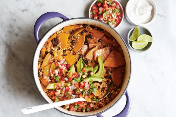 Practically cooks itself: Pumpkin and black-bean baked rice.