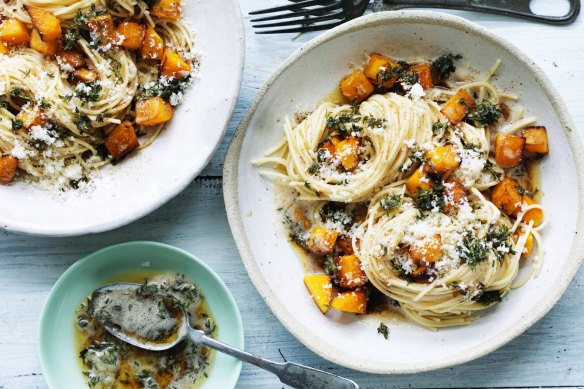 Spaghetti with pumpkin, thyme and brown butter.