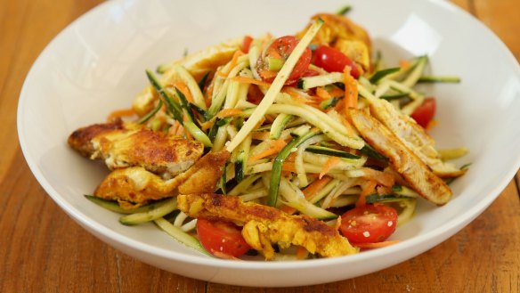 Zucchini noodle salad with chicken.