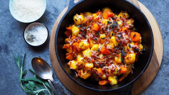 Baked gnocchi with pumpkin, pancetta and sage.
