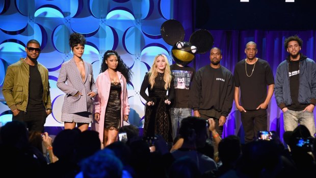 Jay Z and friends at the supremely awkward launch of Tidal in March