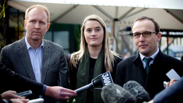 Melbourne City councillor Cathy Oke with Greens MP Adam Bandt (right) and former Victorian Greens leader Greg Barber. 