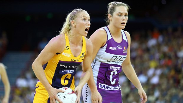 Back: Laura Langman of the Lightning looks to pass during the round one of the Super Netball match between the Firebirds and Lightning.