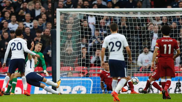 Harry Kane strikes for Spurs against Liverpool at Wembley.