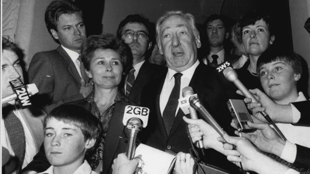 Lionel Murphy and family face face the media in 1986.