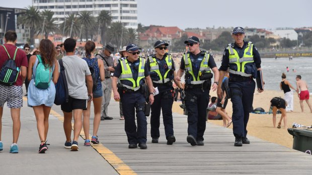 Police patrol St Kilda foreshore on Australia Day.