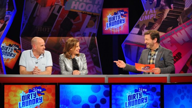 From left: Marty Sheargold, Brooke Satchwell and Lawrence Mooney on <i>Dirty Laundry Live</i> on ABC.