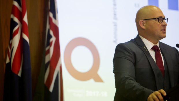 Queensland Treasurer Curtis Pitt briefing journalists on his 2017-18 state budget.
