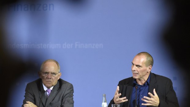 Greece's Finance Minister Yanis Varoufakis and his German counterpart Wolfgang Schaeuble in Berlin.