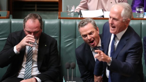 Prime Minister Malcolm Turnbull, Minister Christopher Pyne and Deputy Prime Minister Barnaby Joyce during question time on Wednesday.