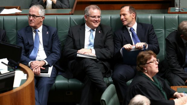 Malcolm Turnbull, Scott Morrison and Prime Minister Tony Abbott on the government frontbench.