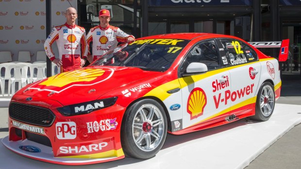 Star DJR Team Penske signing Scott McLaughlin and his endurance race co-driver Alex Premat with their new-look Falcon at Etihad Stadium.