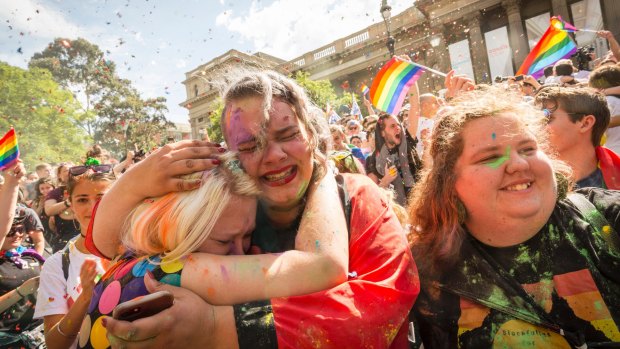 The State Library of Victoria was the scene of a huge part as Melbourne celebrated the postal survey result. 