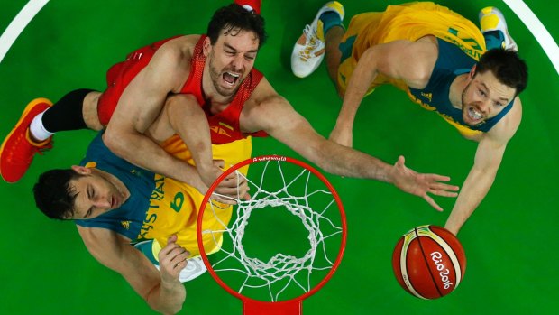 Busy year: Andrew Bogut, left, in action for the national side during the men's bronze medal game in Rio.