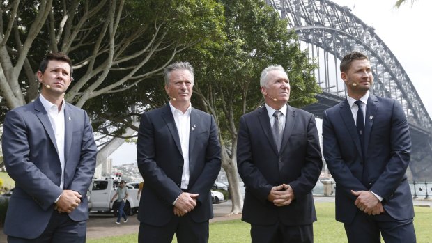Ricky Ponting, Steve Waugh, Allan Border and Michael Clarke on Thursday at an event marking 100 days until the World Cup.