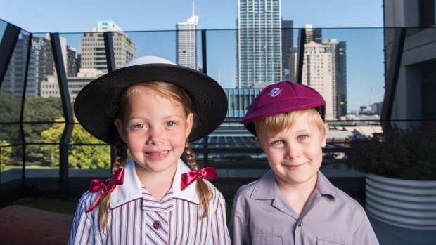 Prep students Amali Melville and Tate Verhagen on the roof of the Haileybury campus in West Melbourne, which opened this week.