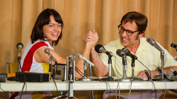Emma Stone (as Billie Jean King) and Steve Carell (as Bobby Riggs) are in a fight over equality in new film Battle of the Sexes.