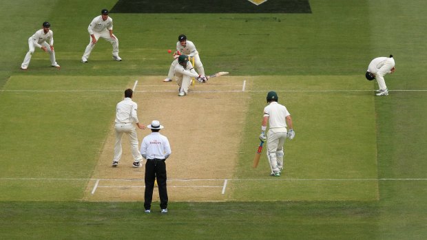 Closely watched: Nathan Lyon plays a shot during day two of the third Test at the Adelaide Oval.