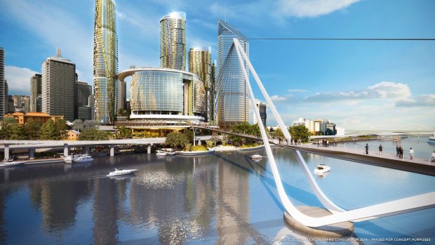 The new Neville Bonner Bridge across the Brisbane River will land at South Bank in front of the Wheel of Brisbane.