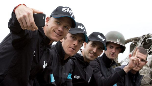 Target on his back: Britain's Chris Froome takes a selfie with his teammates prior to the official team presentation.