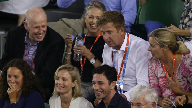 Tim Worner at the 2015 Australian Open with former News Corp executive Julian Clarke (far left).