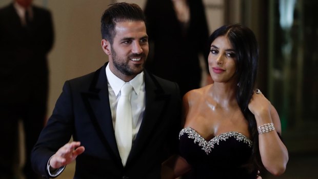 Chelsea's Cesc Fabregas, left, and Daniella Semaan before the start of the wedding of Lionel Messi and Antonella Roccuzzo, in Rosario, Argentina, on Friday.