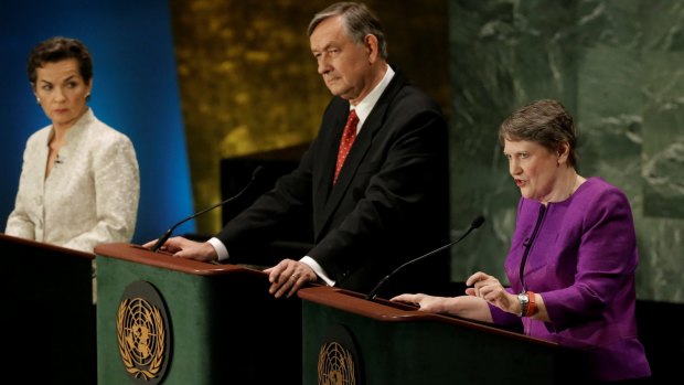 Former New Zealand prime minister Helen Clark (right) speaks during a debate in the United Nations General Assembly. At left are Former United Nations climate chief Christiana Figueres and former Slovenian president Danilo Turk. 