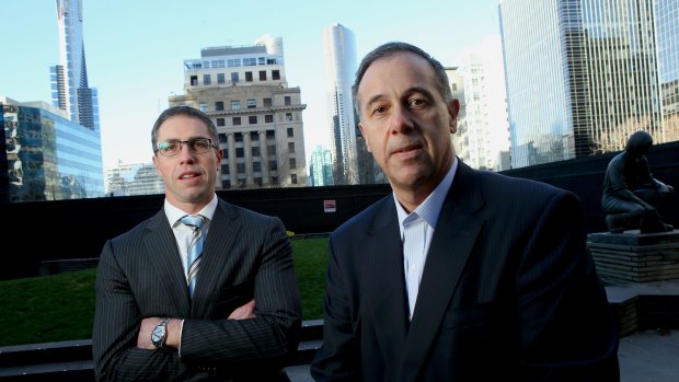 Cbus Property CEO Adrian Pozzo (right)  and King & Wood Malleson partner Jonathan Oldham at the site of the new $1.3 billion Cbus Property twin tower known as Collins Arch.