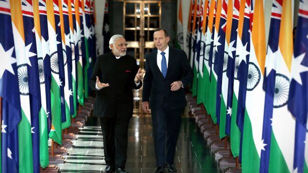 Mr Modi and Mr Abbott during the Indian Prime Minister's 2014 visit.