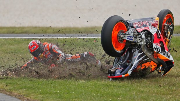 Spaniard Marc Marquez crashes on the 10th lap